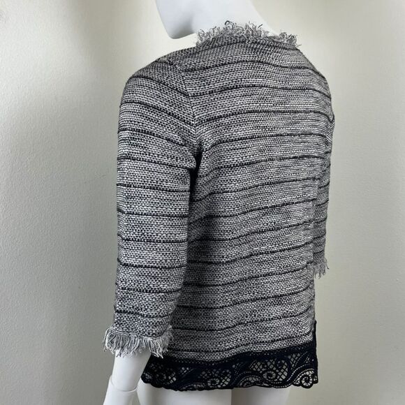 Chico's Womens Size 3 Black Gray Lace Tweed Fringe Cardigan Cotton Sweater - Picture 5 of 12